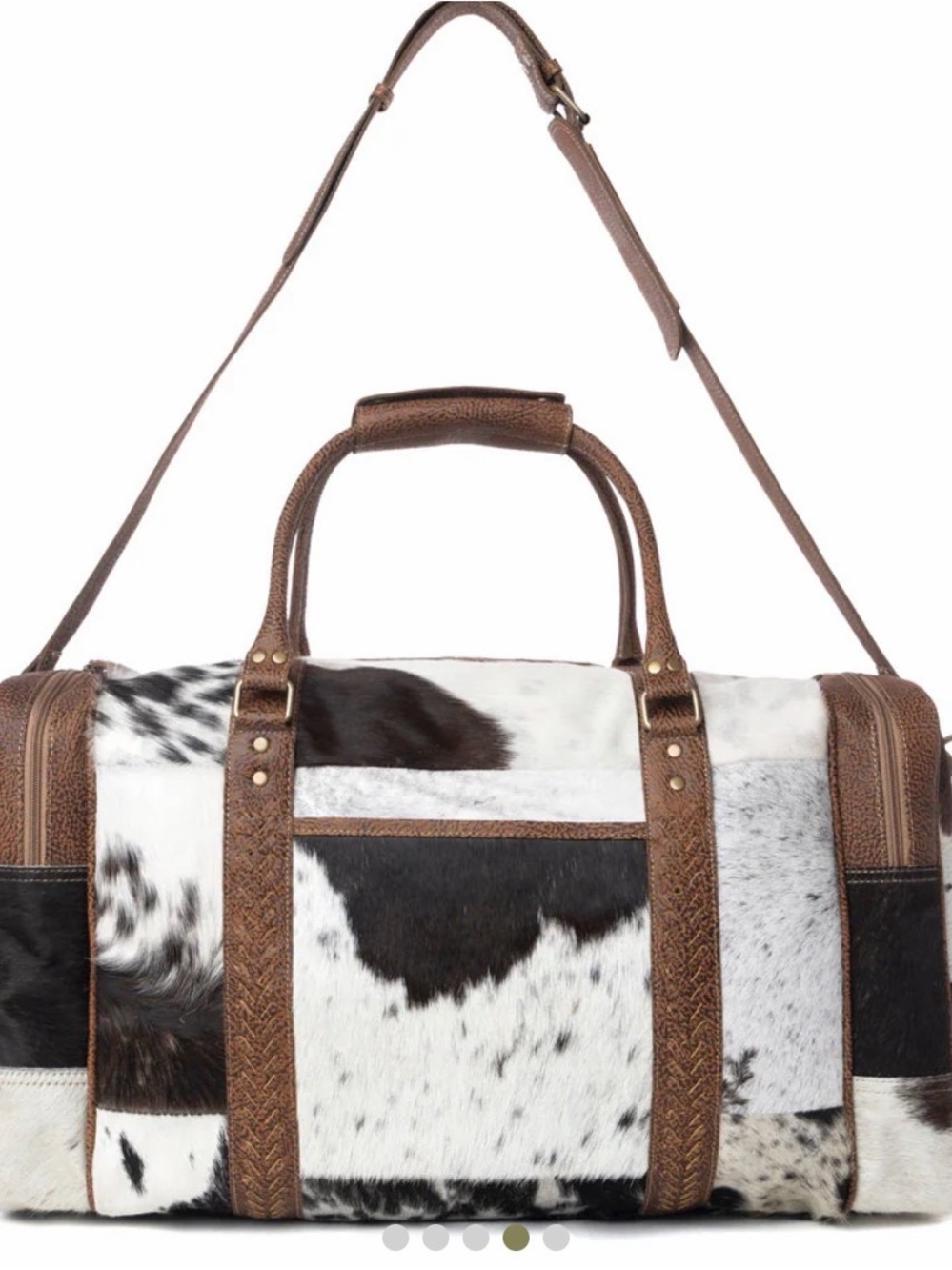 MYRA RUSTIC VISTA HANDTOOLED HAIRON RUFFLE TRAVELLER BAG IN COCOA FROST